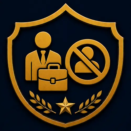 Shield icon showing a professional with a briefcase beside a prohibited sign, representing job rejection after a criminal conviction
